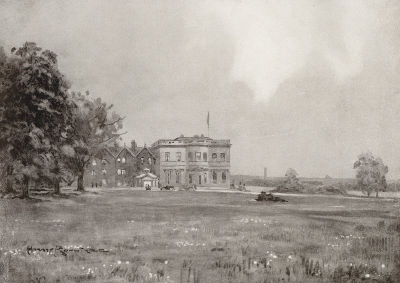 Golfbanen: Trafford Park, het clubhuis vanaf de achttiende tee door Harry (1878 1950) Rountree