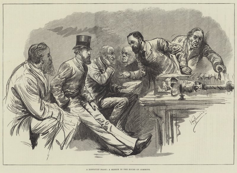 Een moeilijk punt, een schets in het Lagerhuis door Harry Furniss