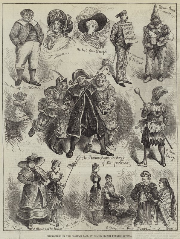 Personages op het Kostuumbal in het Colney Hatch Lunatic Asylum door Harry Furniss