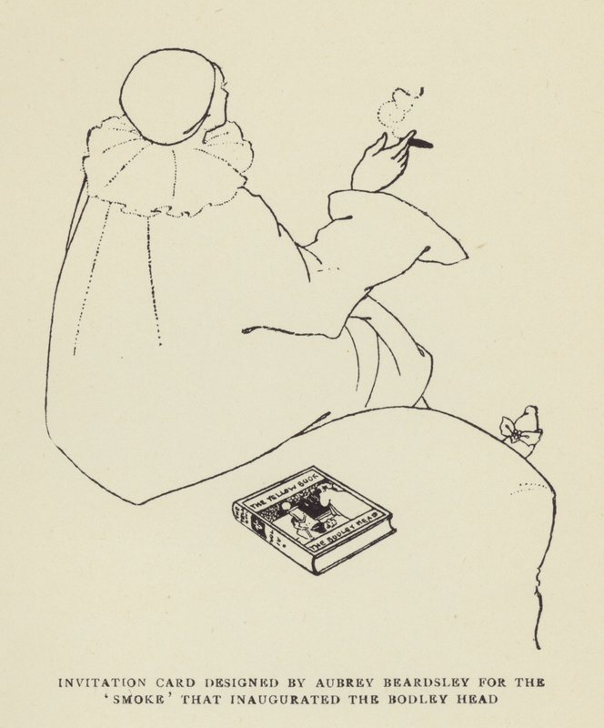 Uitnodigingskaart ontworpen door Aubrey Beardsley voor de Smoke die het Bodley Head inluidde door Harry Furniss