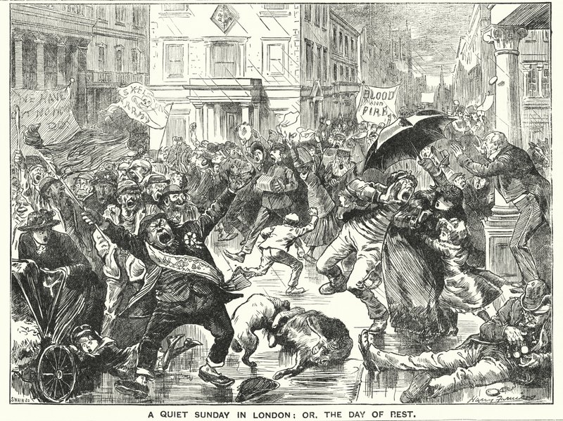 Punch cartoon: Een Rustige Zondag in Londen; of, de Dag van Rust (gravure) door Harry Furniss
