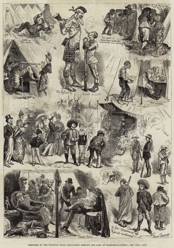 Schetsen bij de Nationale Schietvereniging Bijeenkomst en Kamp op Wimbledon-Common door Harry Furniss