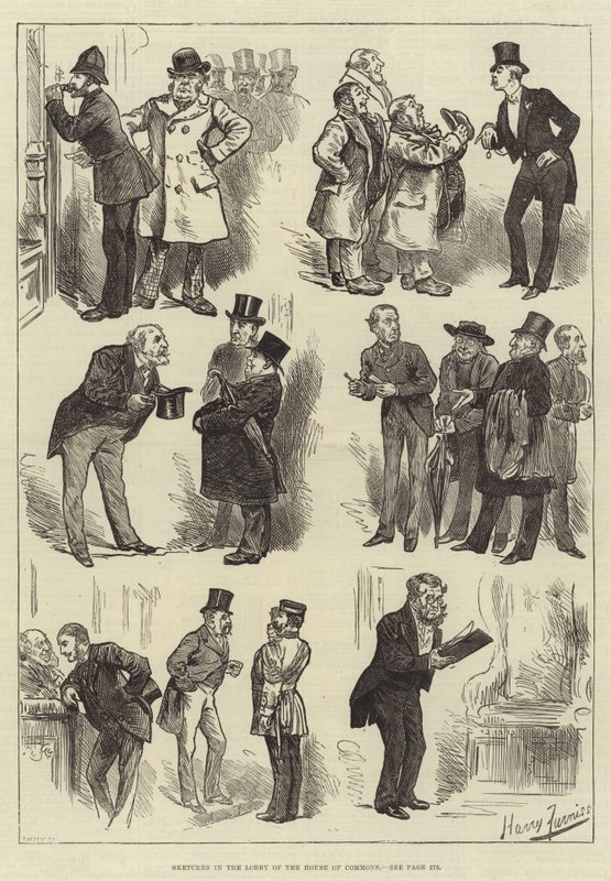 Schetsen in de Lobby van het Lagerhuis door Harry Furniss