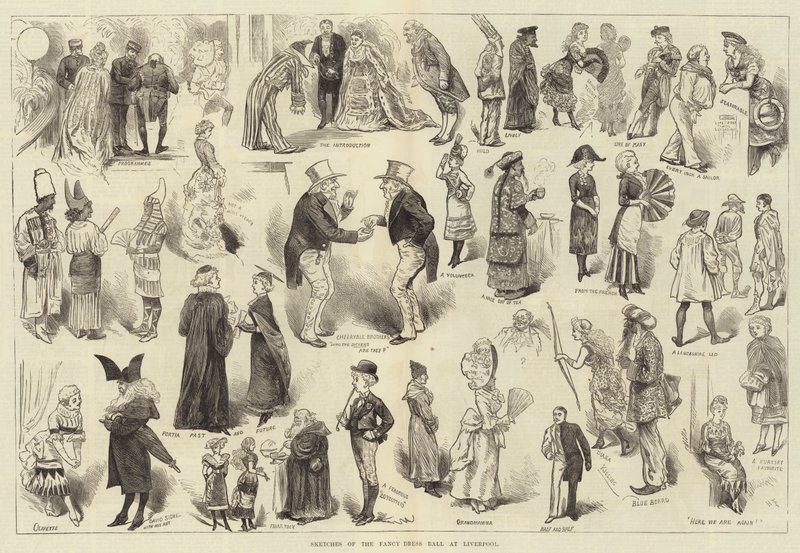 Schetsen van het gemaskerd bal in Liverpool door Harry Furniss
