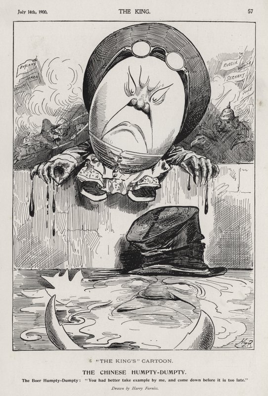 De Chinese Humpty Dumpty, cartoon over de Bokseropstand en de Boerenoorlog (gravure) door Harry Furniss