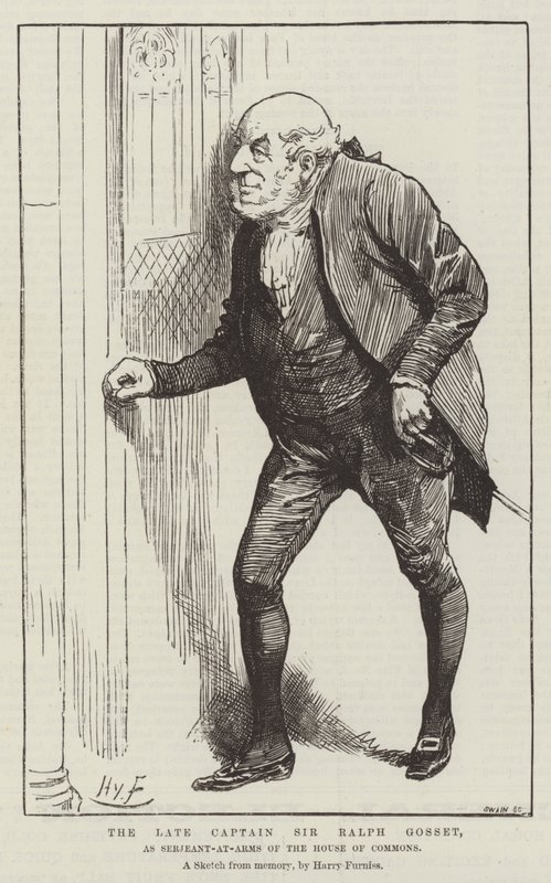 De overleden Kapitein Sir Ralph Gosset, als Serjeant-at-Arms van het Lagerhuis door Harry Furniss