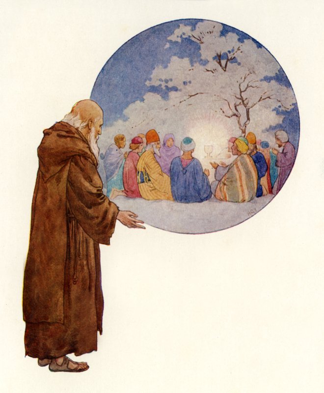 Een druïde ziet Jozef en zijn metgezellen bij het eerste banket in Brittannië (kleurenlitho) door Harry George Theaker
