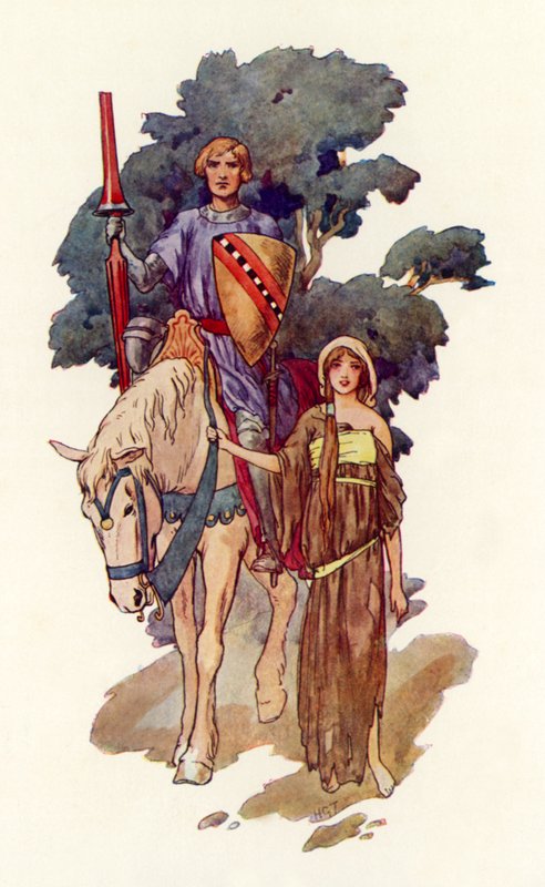 Een ridder met een meisje in lompen aan zijn zijde (kleurenlitho) door Harry George Theaker