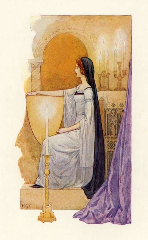 Een beeldschone dame gezien door Sir Gawaine (kleurenlitho) door Harry George Theaker