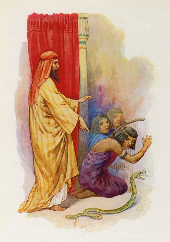 De staf van Aaron viel op de grond in de vorm van een levende slang (kleurenlitho) door Harry George Theaker