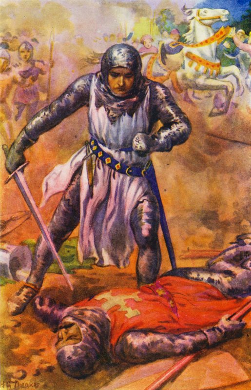 "Na een hevig gevecht werden de Tempeliers verslagen" (kleurenlitho) door Harry George Theaker