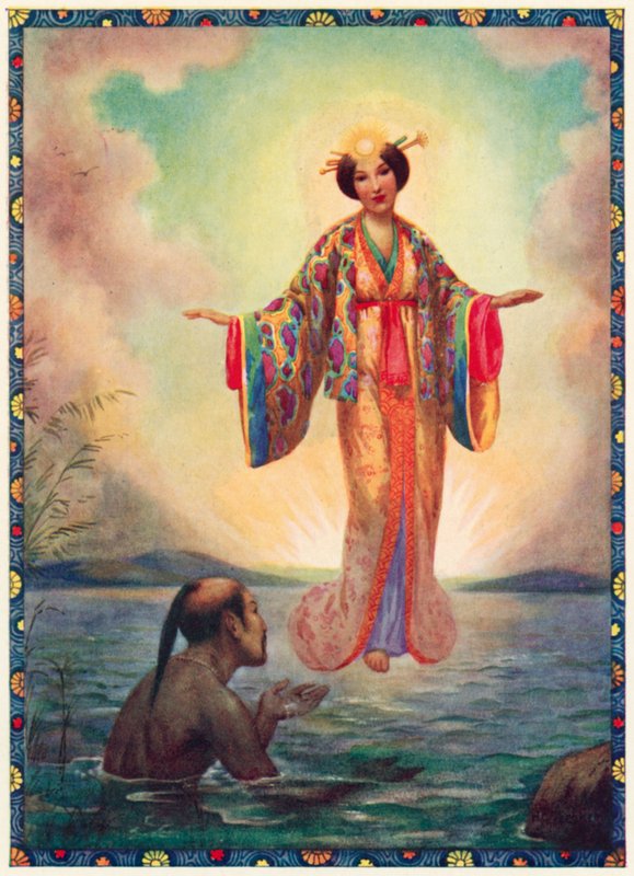 Amaterasu, de grote hemelglanzende godheid (kleurenlitho) door Harry George Theaker