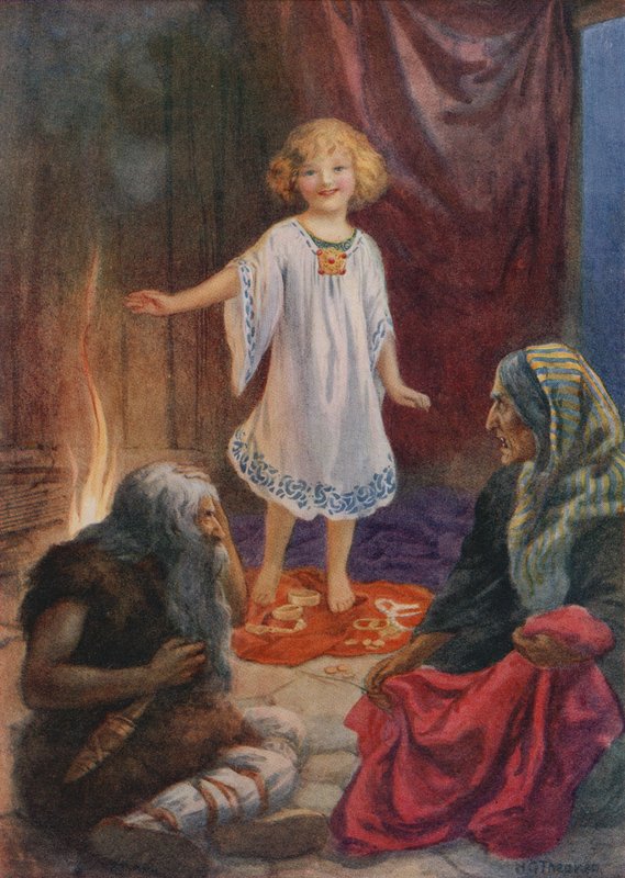 Aslaug, Aki en Grima, uit "Ragnar Lodbrog" (kleurenlitho) door Harry George Theaker