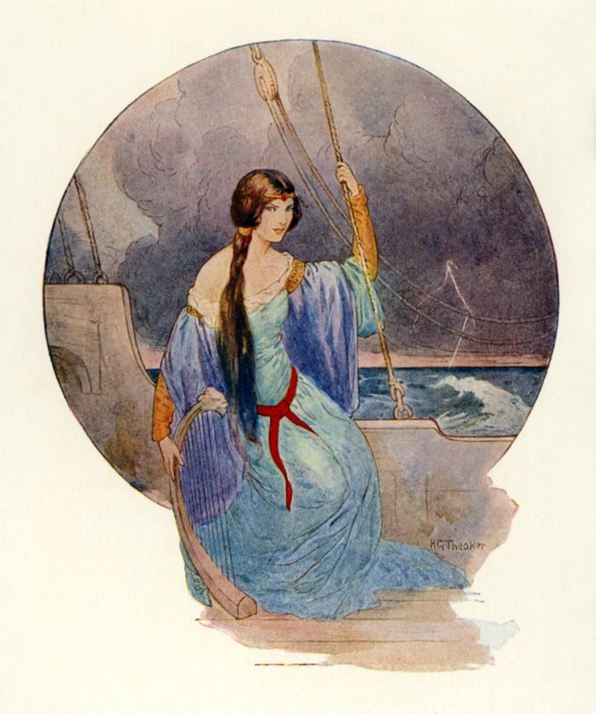 "Tenslotte, toen een felle bliksemflits het hele schip in blauwe vlammen hulde, hield het gezang plotseling op" (kleurenlitho) door Harry George Theaker