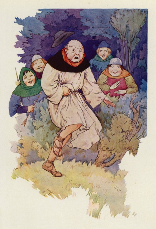 Bij de eerste aanraking van de pijlpunt door zijn gewaad sprong de abt met een gil in de lucht (kleurenlitho) door Harry George Theaker
