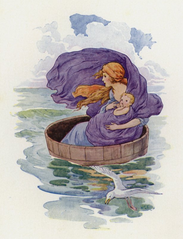 Danae en haar zoontje voeren weg (kleurenlitho) door Harry George Theaker