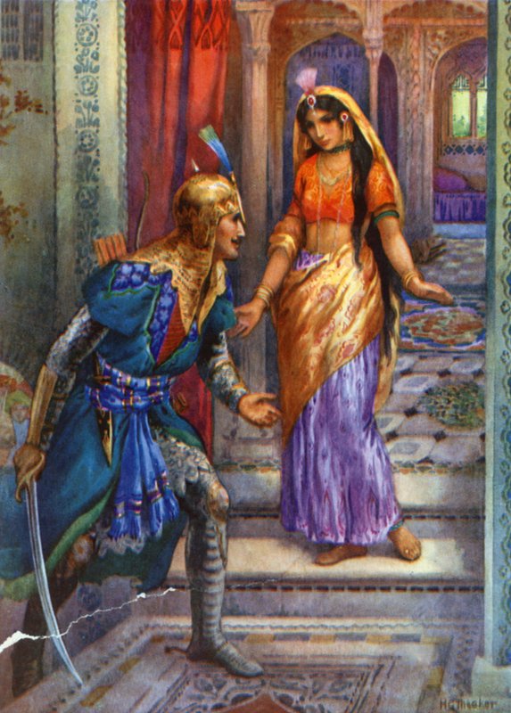 "Toen ze Rama zag, haastte ze zich naar voren" (kleurenlitho) door Harry George Theaker