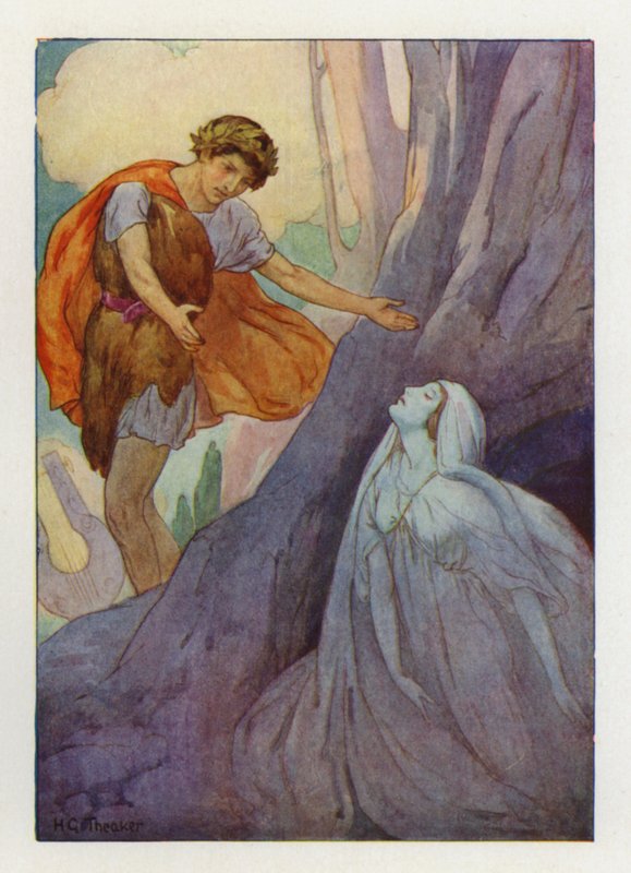 Orpheus schreeuwde het uit van vreugde en probeerde het in zijn armen te vangen (kleurenlitho) door Harry George Theaker