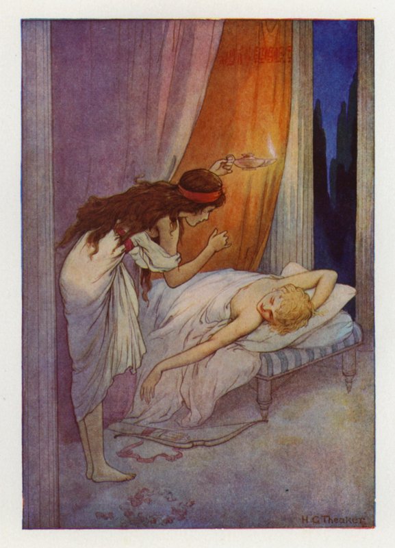 Cupido, als leep (kleurenlitho) door Harry George Theaker