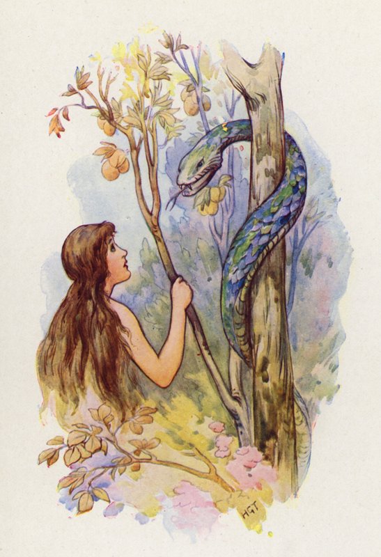 Eva stond verwonderd naar de slang te kijken (kleurenlitho) door Harry George Theaker