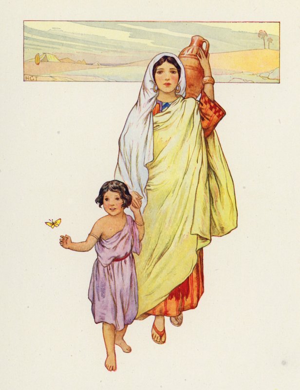 Hagar en Ismaël trokken de woestijn in (kleurenlitho) door Harry George Theaker