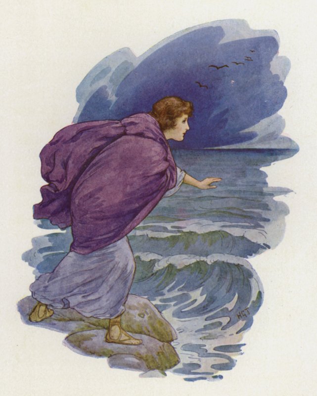 Held rende naar het strand (kleurenlitho) door Harry George Theaker
