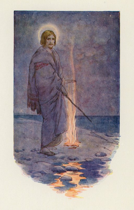 Jezus stond aan de oever (kleurenlitho) door Harry George Theaker