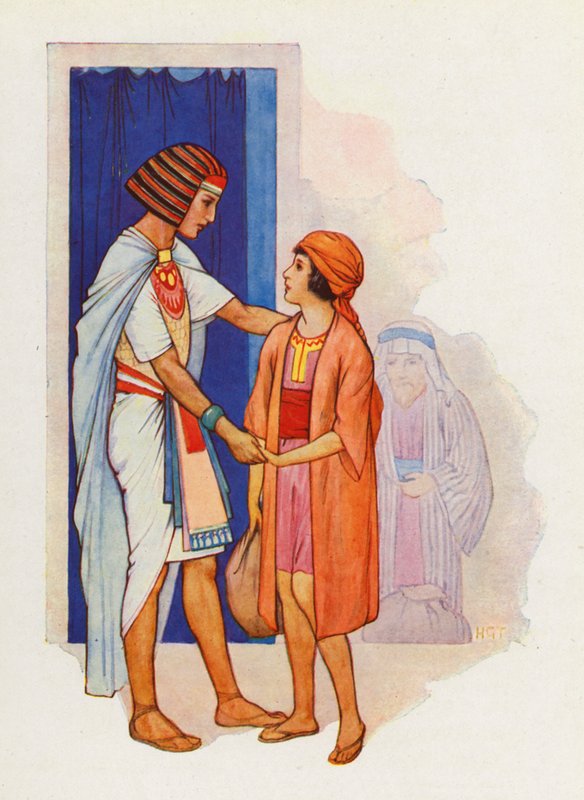 Juda bracht Benjamin en stelde hem voor aan Jozef (kleurenlitho) door Harry George Theaker