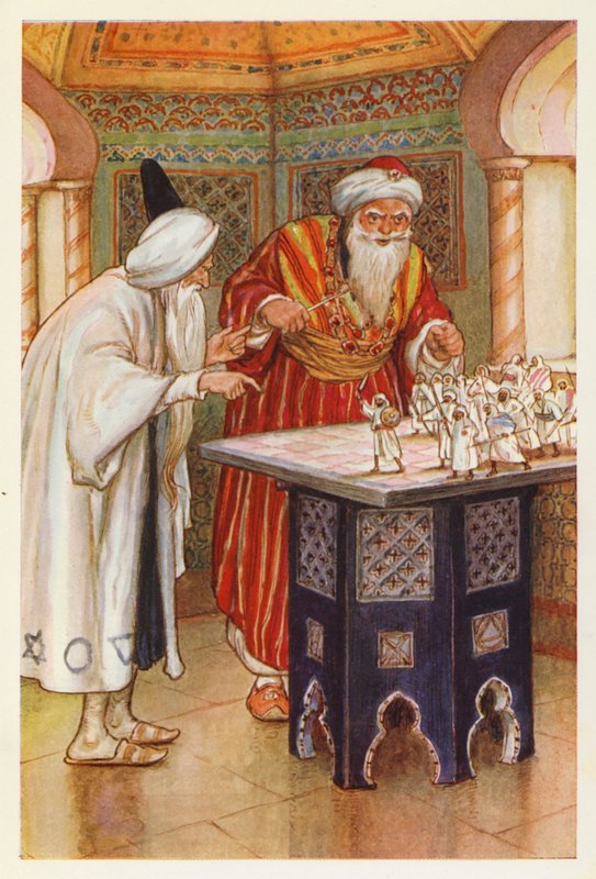 Koning Aben Habuz en de Arabische Astroloog (kleurenlitho) door Harry George Theaker