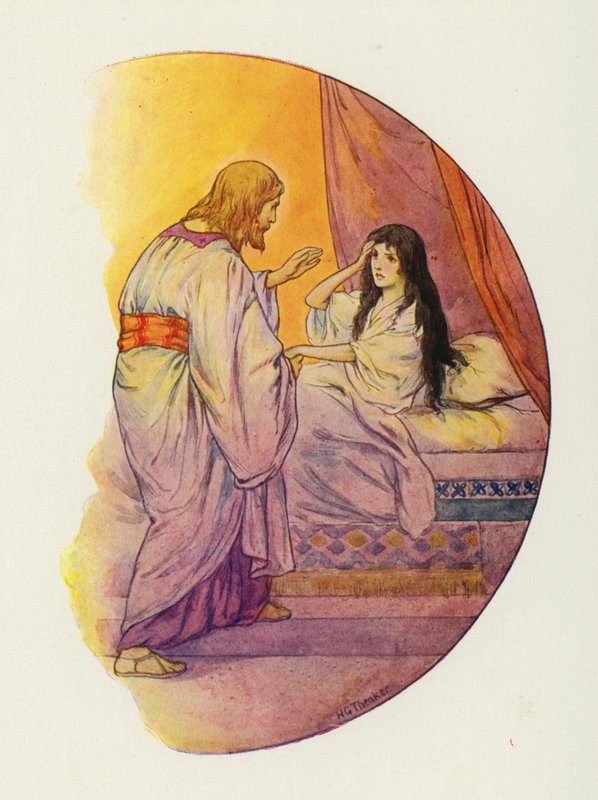 "Klein meisje," zei Hij, "Sta op!" (kleurenlitho) door Harry George Theaker