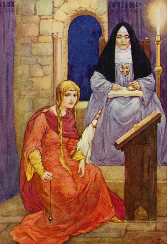 Marion was ondergedoken in Kirklees, met de abdis erbij (kleurenlitho) door Harry George Theaker