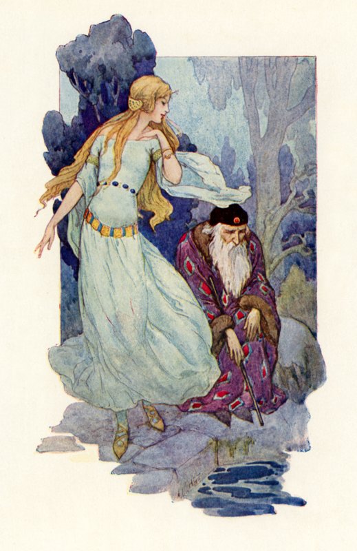 Merlijn betoverd als de fee zong (kleurenlitho) door Harry George Theaker