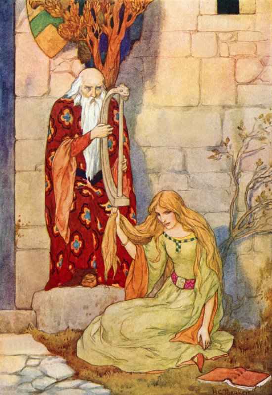 Merlijn speelt zijn harp met fee Nimue (kleurenlitho) door Harry George Theaker