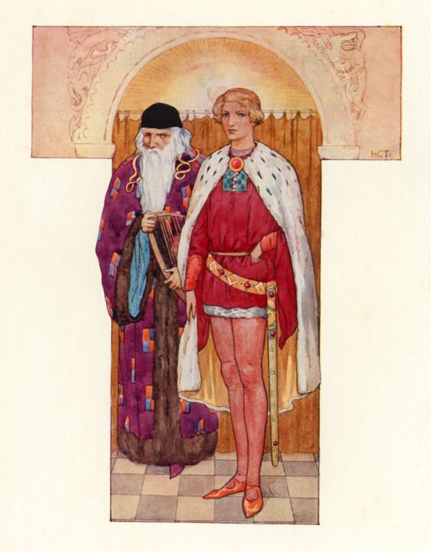 Merlijn met Galahad aan zijn zijde (kleurenlitho) door Harry George Theaker