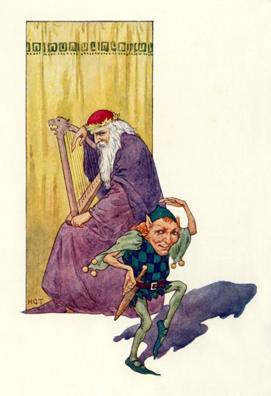 Minstrelen en dwergen vermaken de koning (kleurenlitho) door Harry George Theaker