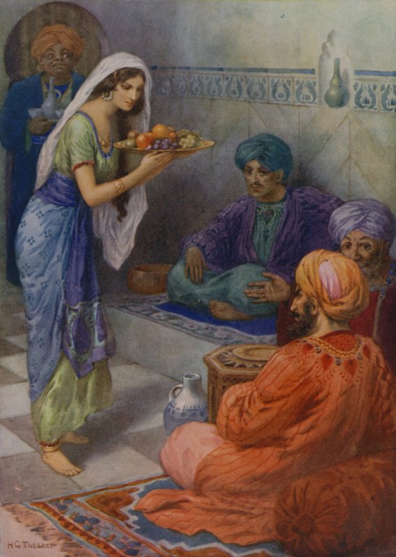 Morgiana wacht op de gast (kleurenlitho) door Harry George Theaker