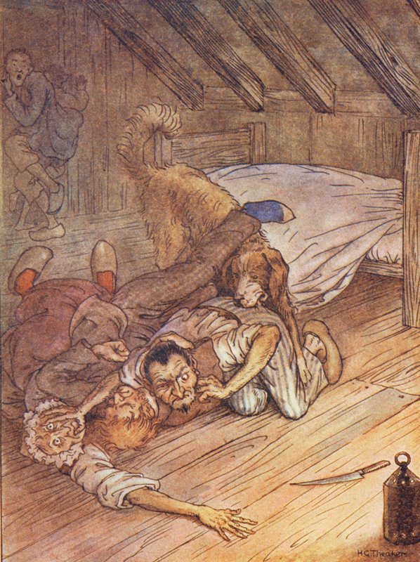 Het verhaal van meneer Peter, De hond van de zakkenman (kleurenlitho) door Harry George Theaker