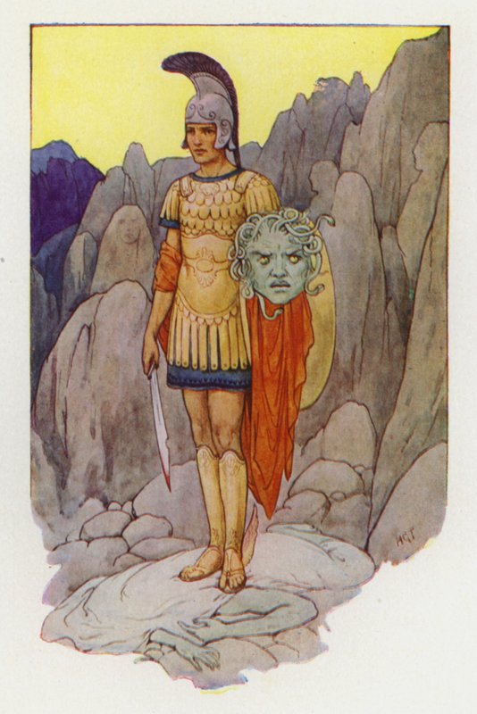 Perseus en het hoofd van de Gorgon (kleurenlitho) door Harry George Theaker
