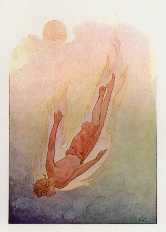 Phaeton met zijn haar in vlammen, vallend in een diepe koele rivier (kleurenlitho) door Harry George Theaker