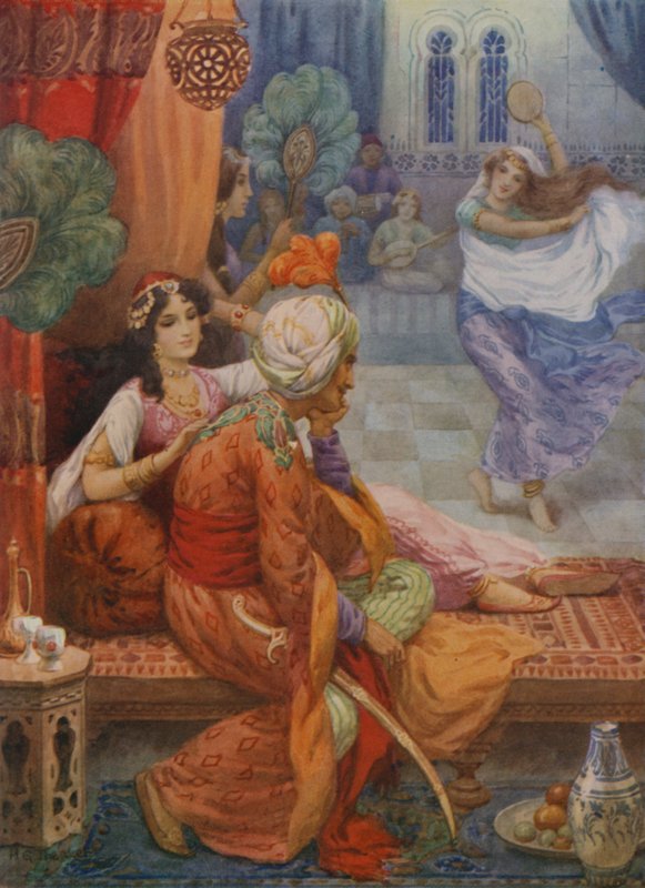 Prins Ahmed en de fee Banou (kleurenlitho) door Harry George Theaker