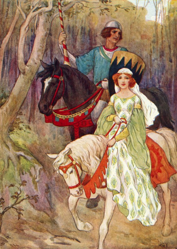 Prinses Olwen vergezeld door de Varkensprins (kleurenlitho) door Harry George Theaker