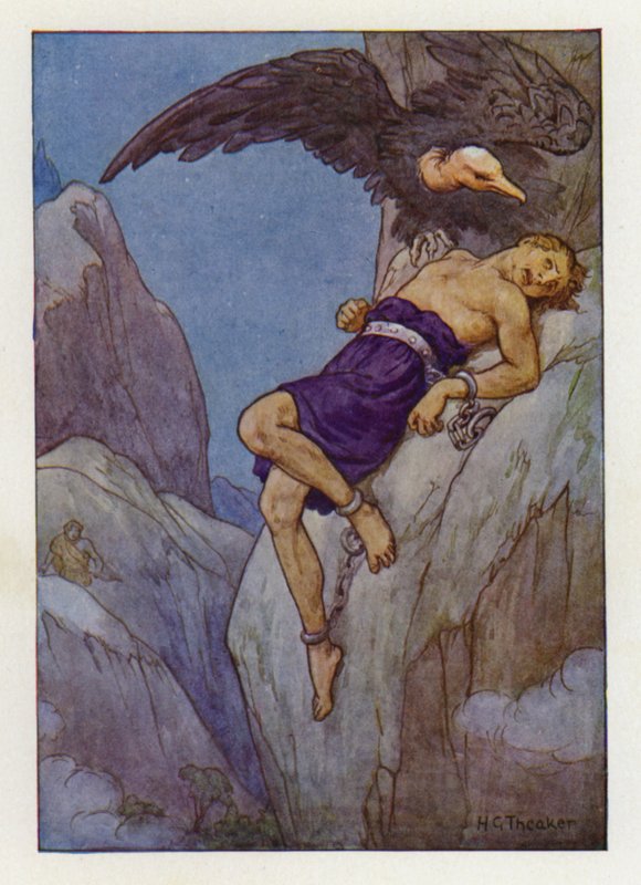 Prometheus vastgeketend aan een rots (kleurenlitho) door Harry George Theaker