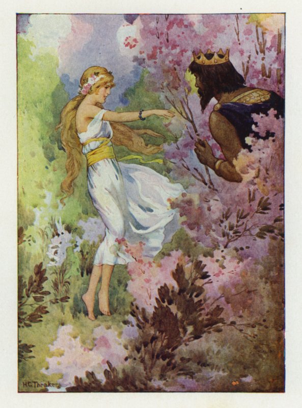 Proserpine danst tussen de lelies, gadegeslagen door een grote koning (kleurenlitho) door Harry George Theaker