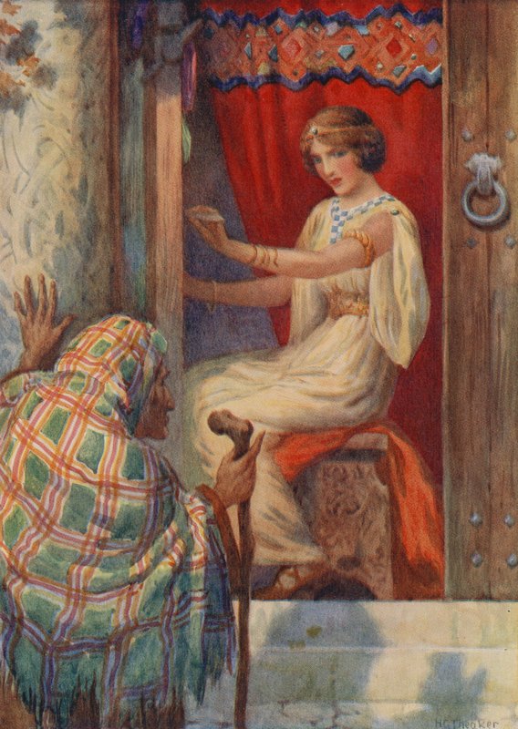 Koningin Frigga en de Beldame, uit "Baldur de Geliefde" (kleurenlitho) door Harry George Theaker