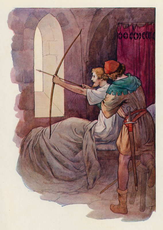 Robin, rechtop zittend in bed, schoot de pijl in het groene bos achter de muur van de abdij (kleurenlitho) door Harry George Theaker