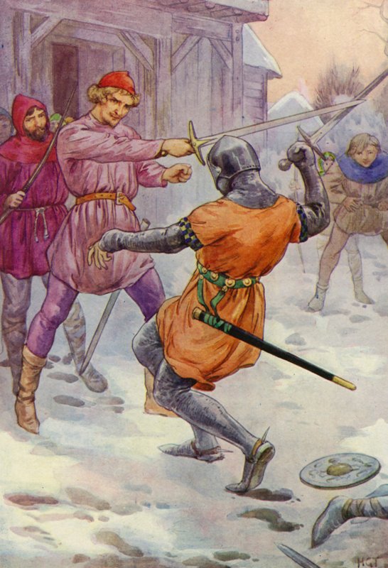 Robin huppelde om hem heen en sloeg toe waar hij wilde (kleurenlitho) door Harry George Theaker