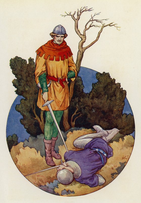 Robin sloeg toe en met één grote slag doodde hij Guy van Gisborne (kleurenlitho) door Harry George Theaker