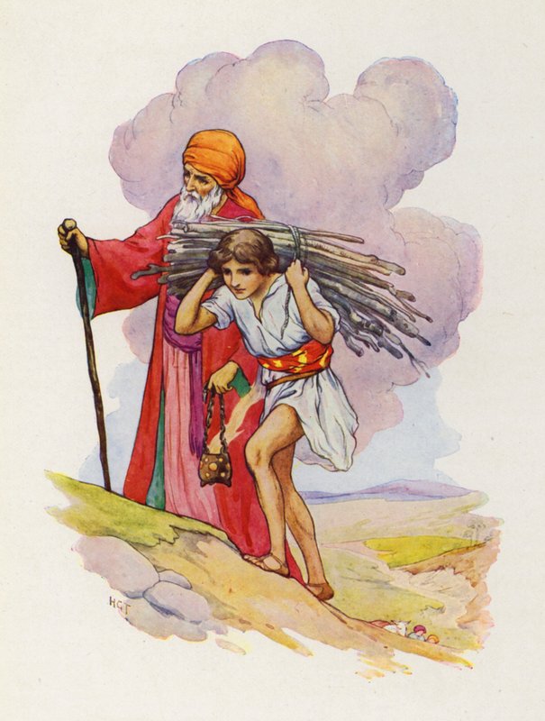 Zij aan zij beklommen Abraham en Isaac het steile pad (kleurenlitho) door Harry George Theaker