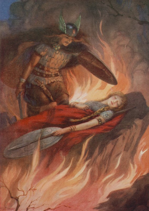 Sigurd en Brynhild, uit "Het zwaard van de Volsungs" (kleurenlitho) door Harry George Theaker