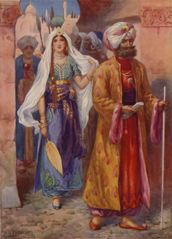 Sindbad brengt de geschenken naar de kalief (kleurenlitho) door Harry George Theaker